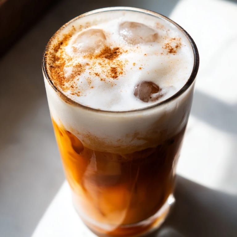 A refreshing glass of iced chai tea layered with creamy cold foam, perfect for a warm afternoon treat.  