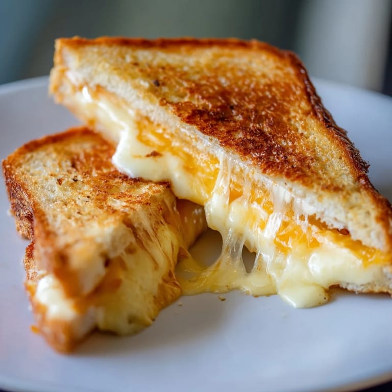 Buttery toasted Three-Cheese Grilled Cheese cut diagonally, revealing layers of sharp cheddar and stretchy mozzarella.