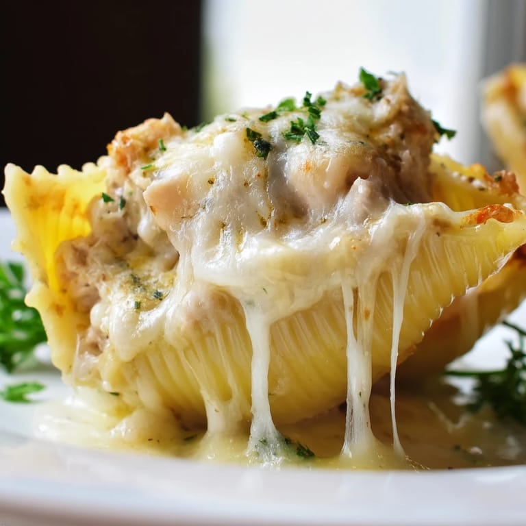 Close-up view of cheesy Chicken Alfredo Stuffed Shells, highlighting the rich, creamy sauce and tender shredded chicken filling.