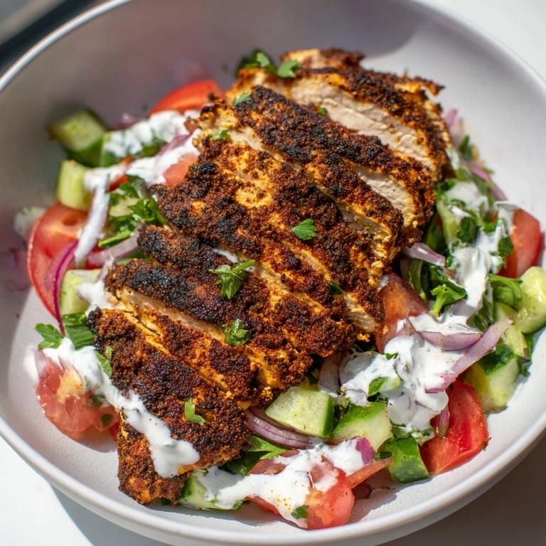 Bright Middle Eastern Chicken Shawarma Salad with diced vegetables, fresh parsley, and a tangy white yogurt sauce.  