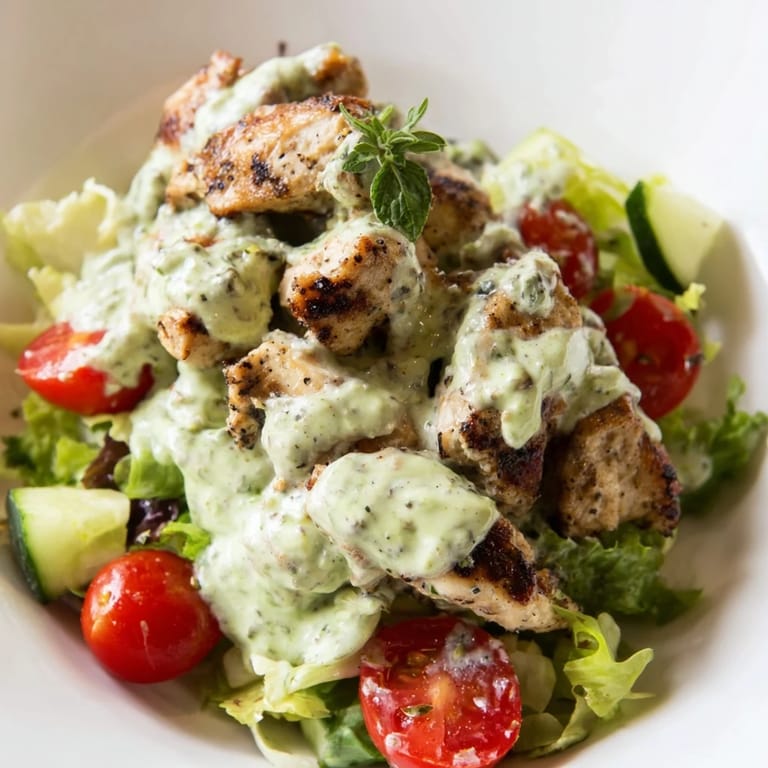 Freshly prepared Avocado Ranch Chicken Salad in a rustic wooden bowl, highlighting diced cucumbers, red onion, and a rich green ranch dressing coating every ingredient.  