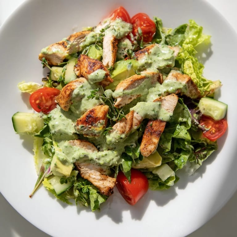 Appetizing serving of Avocado Ranch Chicken Salad, a light and healthy lunch idea, garnished with fresh herbs and paired with a lemon wedge on a bright kitchen counter.