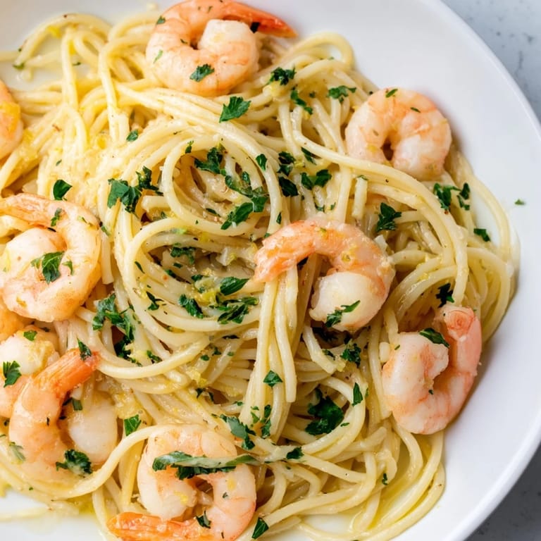 Lemon Garlic Shrimp Pasta served on a rustic plate, featuring sautéed shrimp, al dente spaghetti, and a bright lemon-garlic sauce, garnished with parsley and lemon wedges.