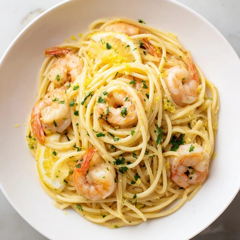 Overhead view of Lemon Garlic Shrimp Pasta, with golden shrimp and twirled spaghetti beneath a shimmering garlic butter sauce, ready for a quick Italian-American dinner.