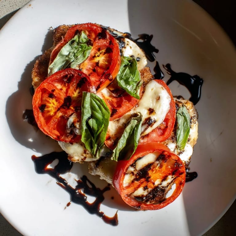 A beautiful one-pan Caprese Chicken Skillet, ready to serve, garnished with torn basil and a sweet tangy balsamic glaze over melted cheese.