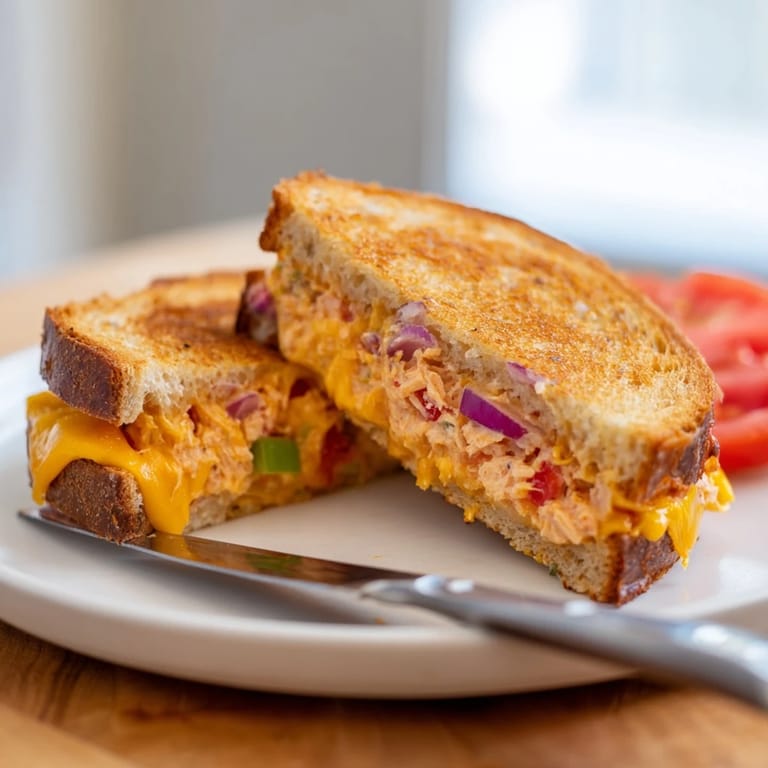A close-up of a Spicy Tuna Melt with juicy tomato slices, served with crunchy pickles on the side.