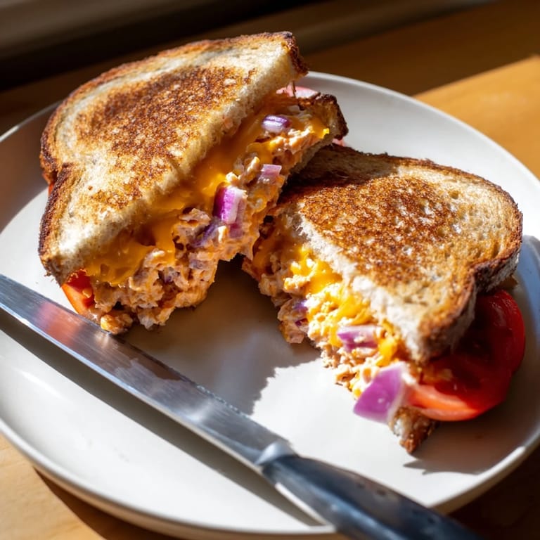 Perfectly pressed Spicy Tuna Melt sandwich, featuring spicy tuna salad and melted pepper jack cheese on buttery sourdough.