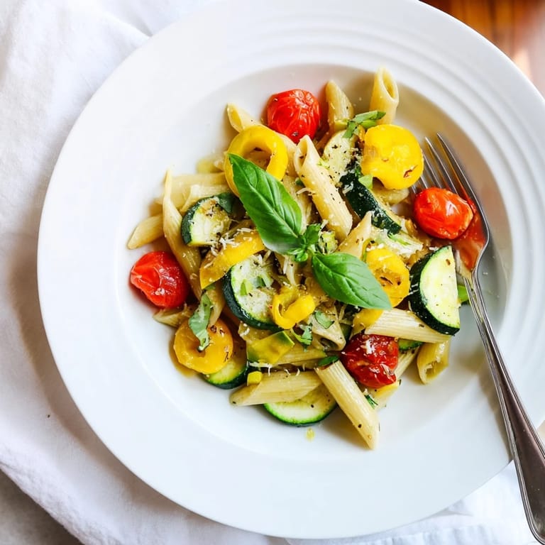 Summer-ready Garden Veggie Pasta features juicy tomatoes, soft squash, and aromatic garlic, served warm and garnished with bright lemon zest.