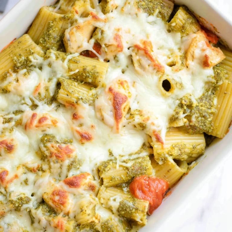 A close-up of bubbling Pesto Chicken Pasta Bake, featuring tender chicken pieces, al dente penne, and vibrant green basil pesto.