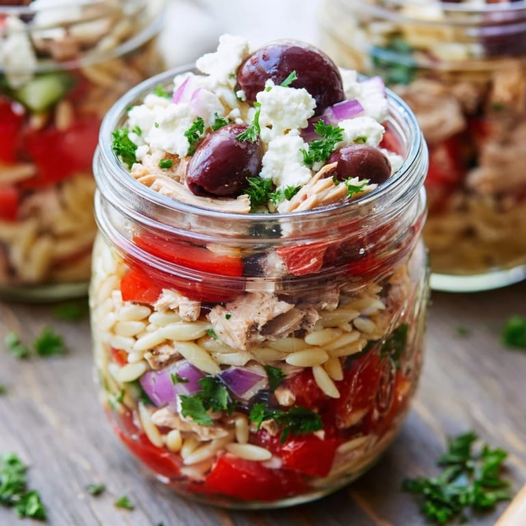 Appetizing meal prep Greek Pasta Chicken Salad Jar with red bell peppers and a vinaigrette dressing visible at the bottom.