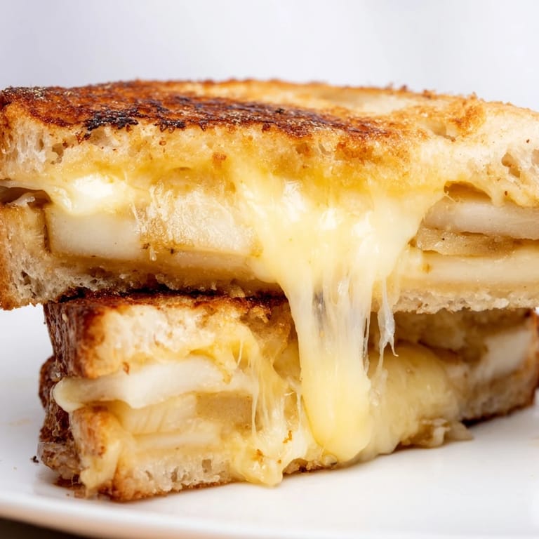 Melted smoked Gouda and tart apple inside buttery sourdough, served warm on a plate with a rustic wooden backdrop.