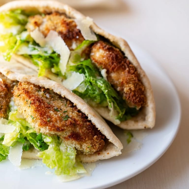 Homemade crispy chicken strips tucked inside a pita with Caesar dressing and fresh veggies, a delicious twist.