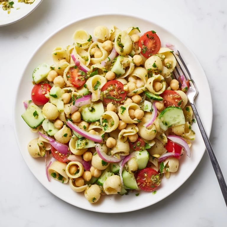 Hearty Lemon Herb Chickpea Pasta Salad served chilled, topped with crumbled feta and kalamata olives, perfect for a light lunch.  