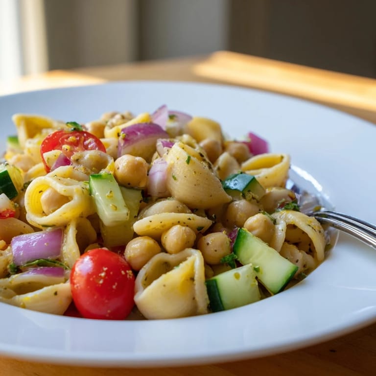 Vibrant Lemon Herb Chickpea Pasta Salad featuring chickpea pasta, mint, and parsley, ideal for a summer picnic with refreshing flavors.