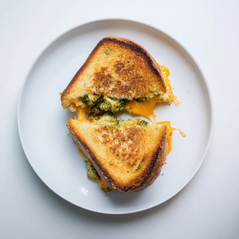 A comforting Roasted Broccoli & Cheddar Grilled Cheese, sliced diagonally to reveal vibrant green broccoli and gooey cheese, paired with a steaming bowl of tomato soup.