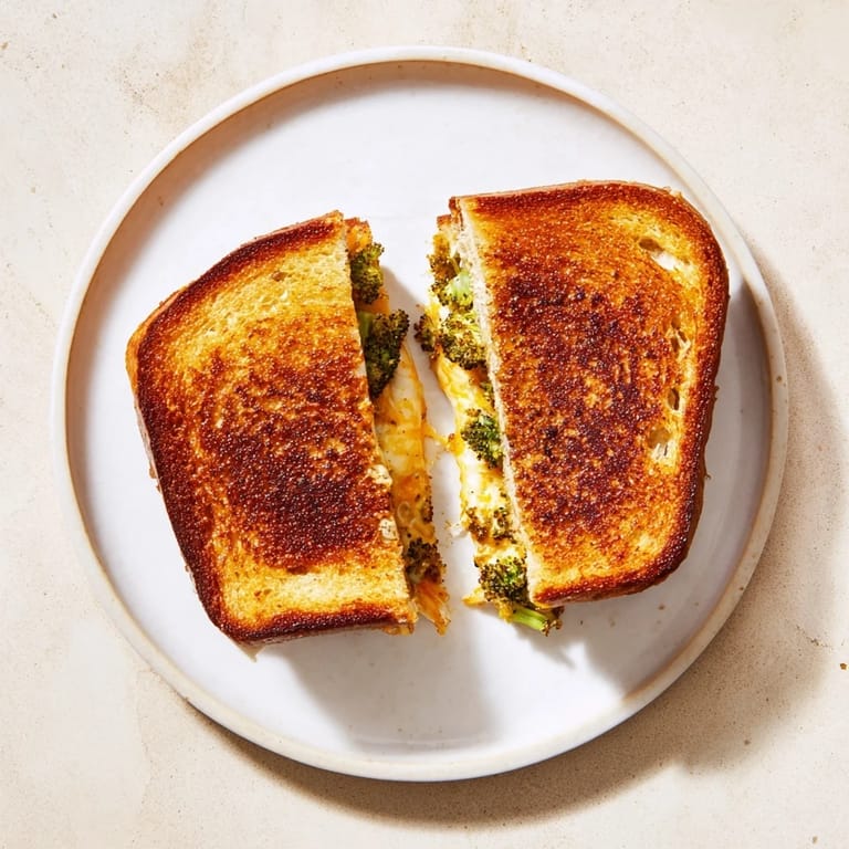 Melted sharp cheddar and tender roasted broccoli florets spill from a hot Roasted Broccoli & Cheddar Grilled Cheese on a cozy kitchen counter.