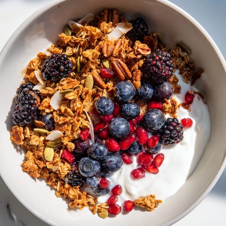 Cozy yogurt bowl featuring winter berries and spiced crunch, drizzled with honey for a nourishing breakfast.
