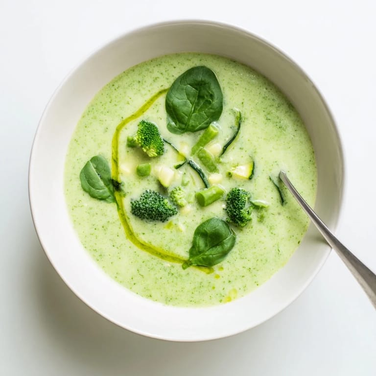 A close-up of a creamy, green soup filled with tender broccoli and spinach, highlighting the smooth, nourishing texture of the dish.