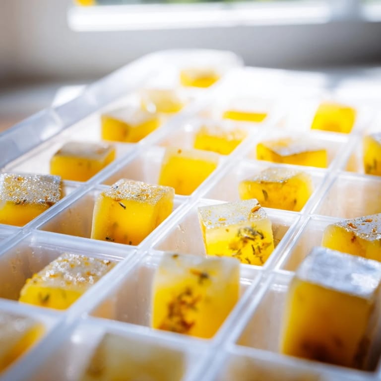 Frozen Lemon Ginger Turmeric Wellness Cubes sit in a white ice tray, ready to dissolve into a warm, soothing drink.