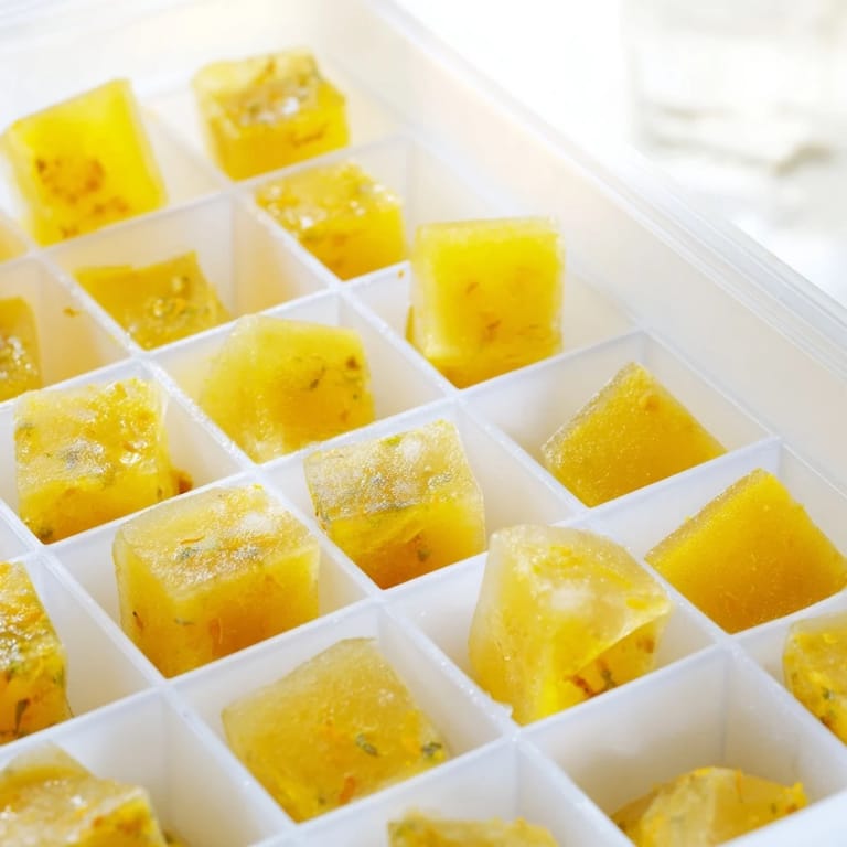 Vibrant orange-hued Lemon Ginger Turmeric Wellness Cubes capture the spicy, earthy essence of this refreshing, healthy frozen shot.