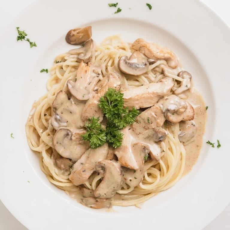 A skillet of Creamy Mushroom Chicken Spaghettini next to a glass of white wine, highlighting a comforting dinner.