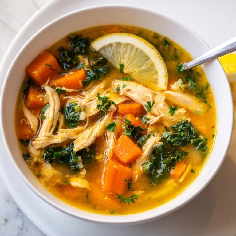 Healthy High Protein Lemon and Turmeric Chicken Soup simmering in a pot, featuring carrots, celery, and turmeric-infused golden broth.