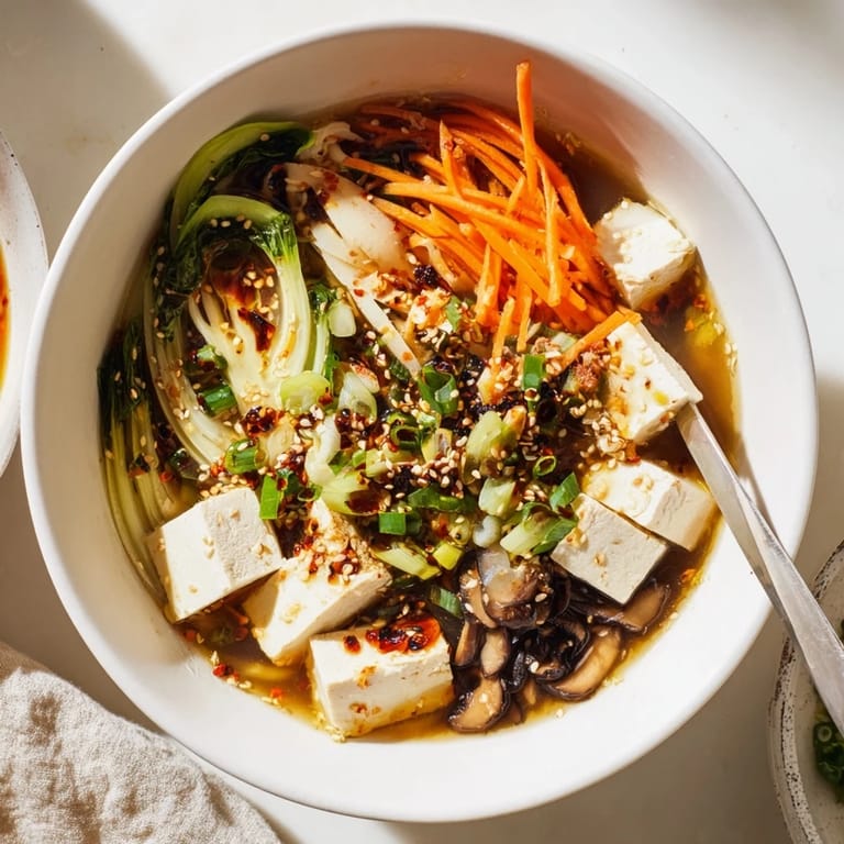 Ginger-Miso Winter Soup garnished with toasted sesame seeds, fresh scallions, and a drizzle of chili oil, served alongside chopsticks.  
