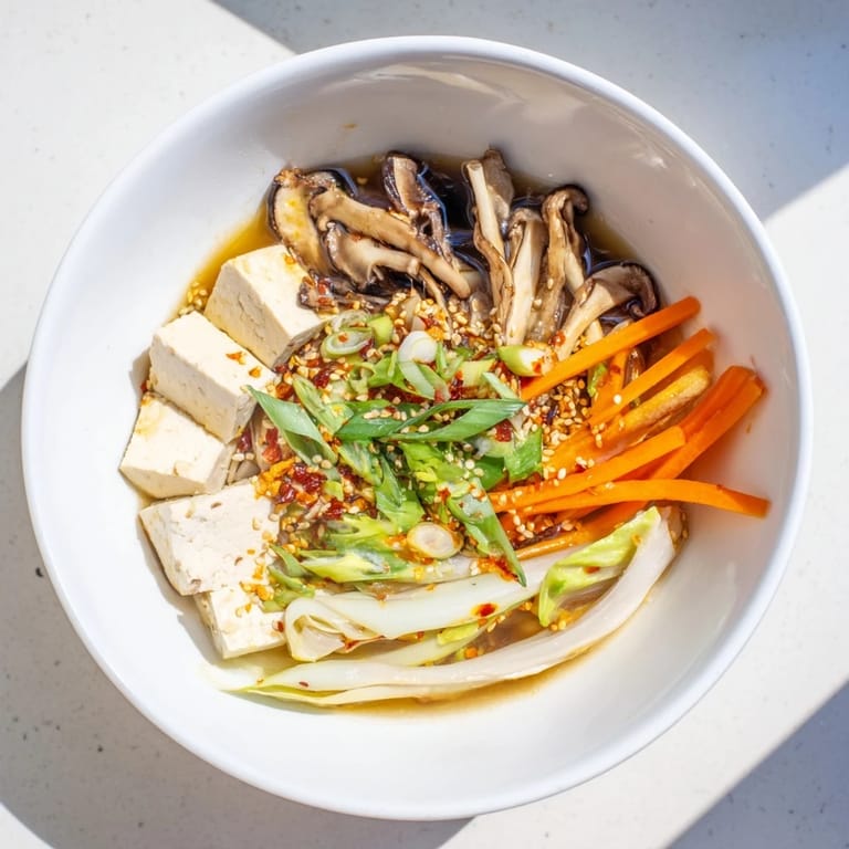 Nourishing Ginger-Miso Winter Soup with silken tofu and soba noodles, perfect for a cozy, cold-weather lunch or light dinner.