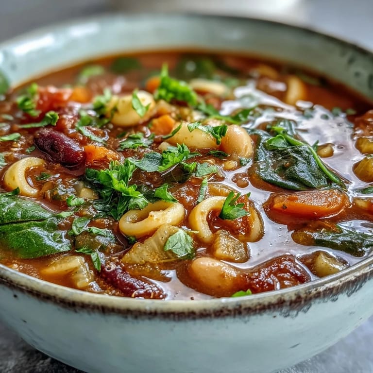 Steam rising from a hearty bowl of Minestrone Soup, garnished with fresh parsley and served alongside crusty artisan bread.