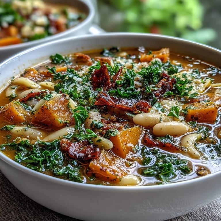 Fall Minestrone topped with crispy pancetta, melted Parmesan, and kale served alongside crusty bread.