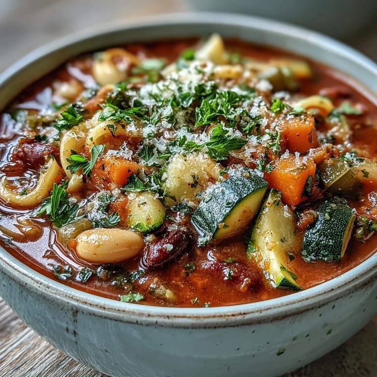 Rustic Minestrone Soup served in a ceramic bowl with crusty bread.