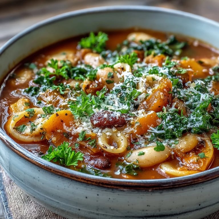 Colorful Winter Minestrone Soup With Butternut Squash and Kale simmering in a Dutch oven, featuring diced carrots and vibrant greens.