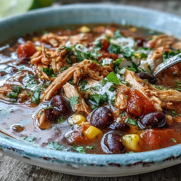 A pot of simmering Southwestern Turkey Soup featuring red bell peppers, tomatoes, and warm Tex-Mex spices.