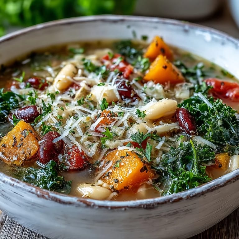Steaming Winter Minestrone Soup topped with fresh parsley and Parmesan, served alongside crusty artisan bread for a cozy, comforting dinner.