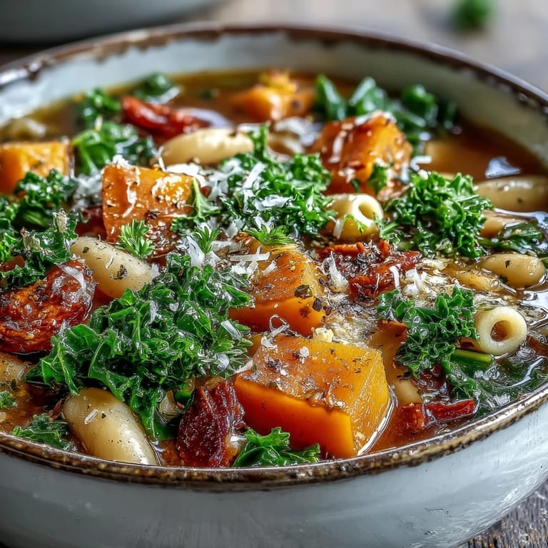 Close-up of hearty Winter Minestrone Soup, highlighting the mix of cannellini beans, diced tomatoes, and vibrant vegetables in a rich broth.