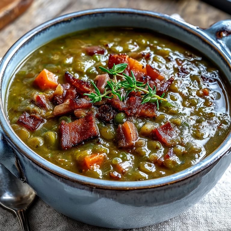 A bowl of Split Pea and Ham Soup garnished with fresh parsley, served alongside crusty bread for dipping on a rustic table.