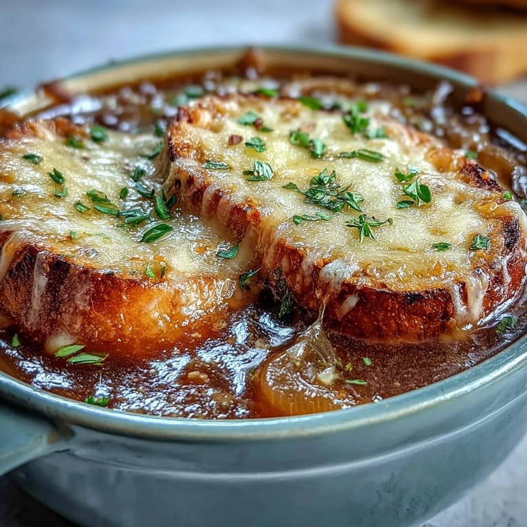 A rustic Dutch Oven French Onion Soup served with crusty bread and a spoonful of caramelized onions.