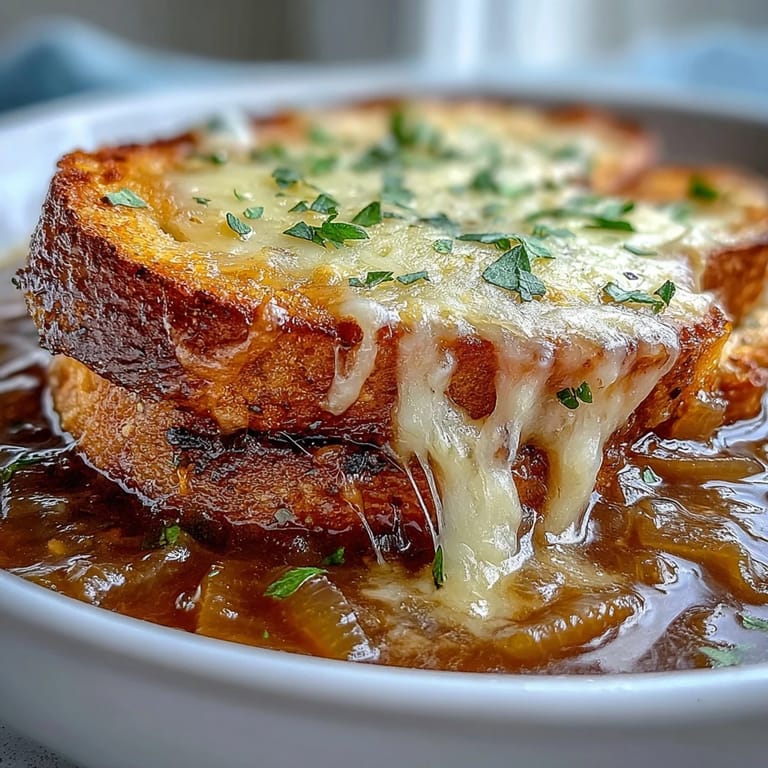 Deeply savory Dutch Oven French Onion Soup in an oven-safe bowl, bubbling with cheese and thyme garnish.