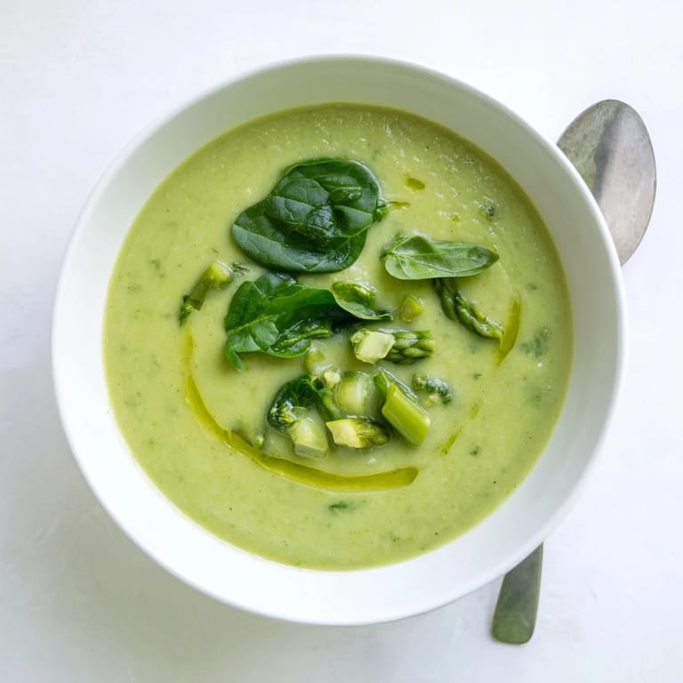 Bright green bowl of creamy Big Green Immunity-Boosting Vegetable Soup with asparagus, spinach, and broccoli garnished with fresh herbs.