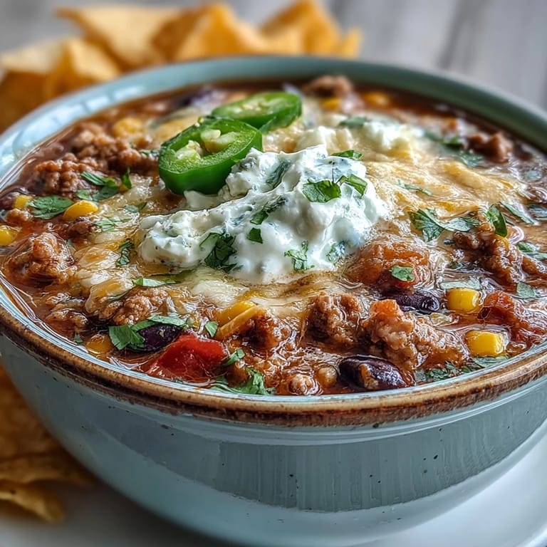 Bubbling pot of Taco Soup with diced red bell peppers, onions, and jalapeños, a perfect weeknight family dinner.