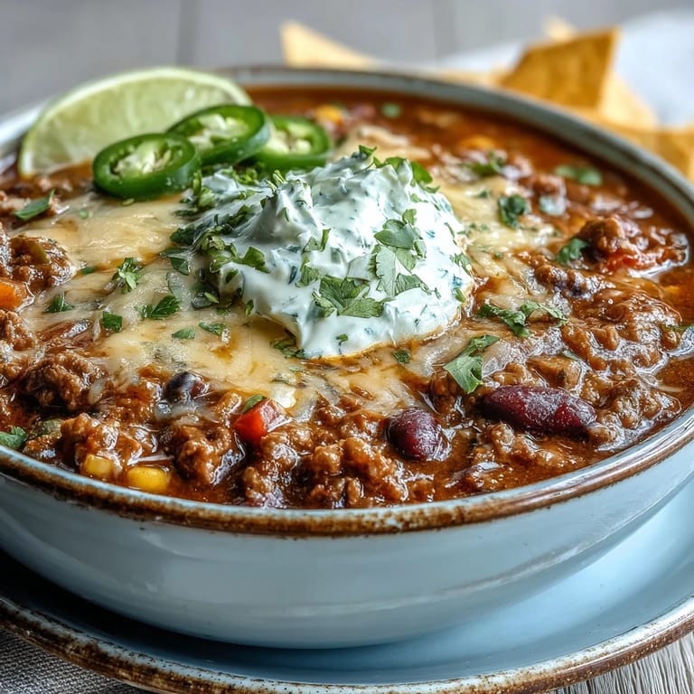A close-up of Taco Soup in a rustic bowl, topped with cheddar, sour cream, and crispy tortilla strips.