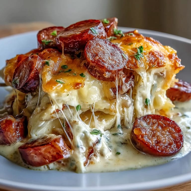 Sliced smoky kielbasa and pillowy potato pierogi bake together in a rich, creamy sauce.