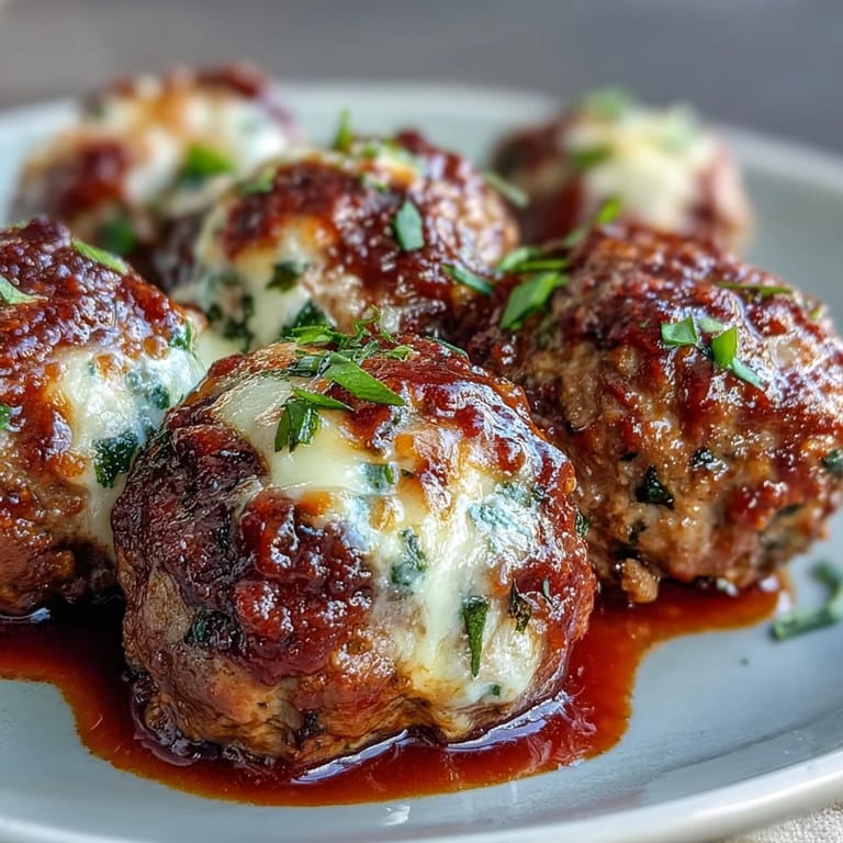 Close-up of Cheesy, Garlicky Meatballs with Marinara, melted mozzarella and Parmesan atop saucy meatballs ready to serve.