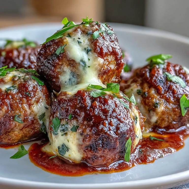 Serving suggestion: Cheesy, Garlicky Meatballs with Marinara over gluten-free pasta, topped with fresh basil and extra Parmesan.