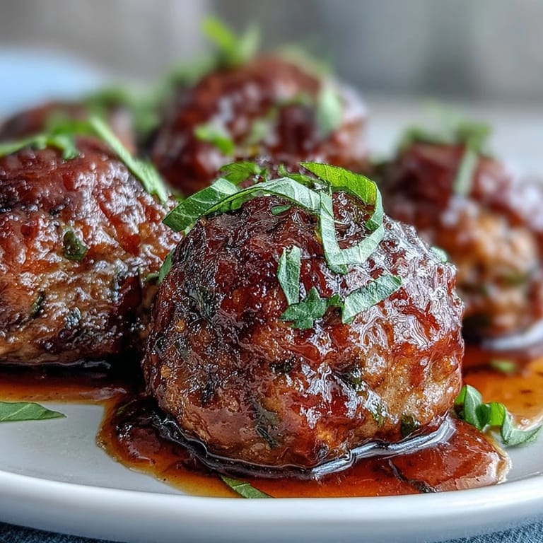 Golden Slow Cooker Peach Glazed Meatballs over steamed rice, garnished with green onions and sesame seeds.