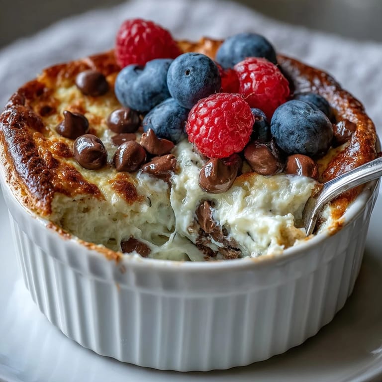 Single-serve Baked Protein Pancake Bowl served warm in a ceramic ramekin, packed with high protein yogurt and oats for a healthy breakfast.