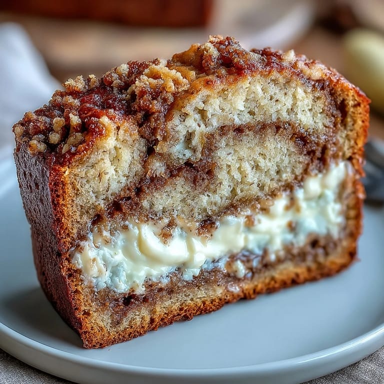 A thick slice of Cream Cheese Cinnamon Swirl Banana Bread on a plate with a cup of coffee for breakfast.