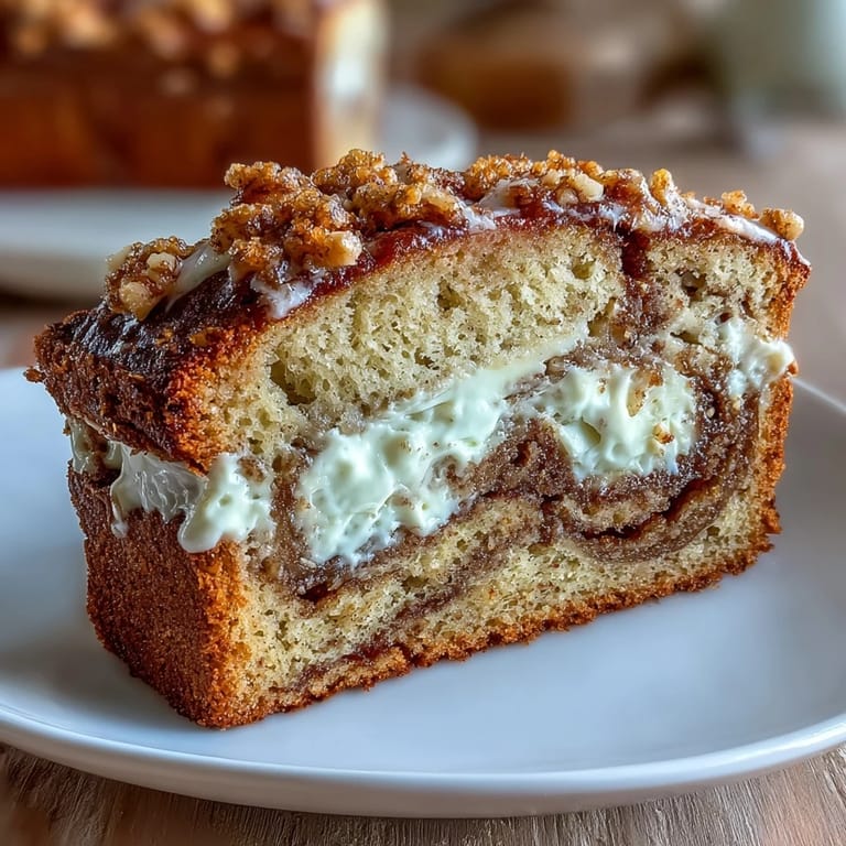 Close-up of Cream Cheese Cinnamon Swirl Banana Bread showing rich cream cheese filling and sugary cinnamon topping.