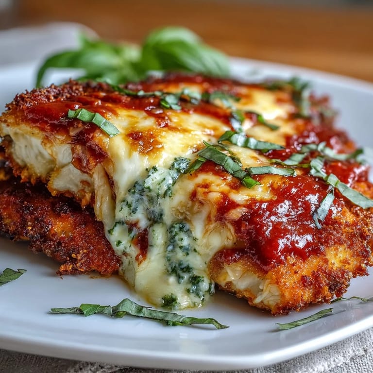 Fresh basil garnish complements the melty cheese on Pesto Chicken Parmesan served over pasta.