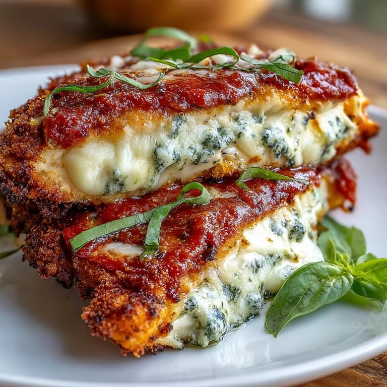 A rustic baked Pesto Chicken Parmesan with bubbly cheese, ready to serve with garlic bread.